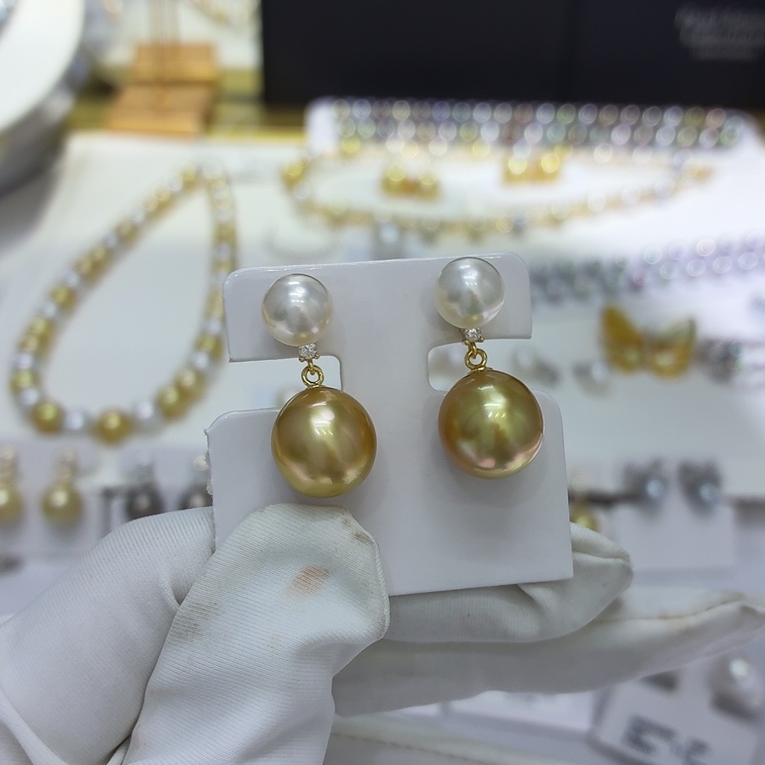 海水珍珠银S925镶嵌双珠耳环