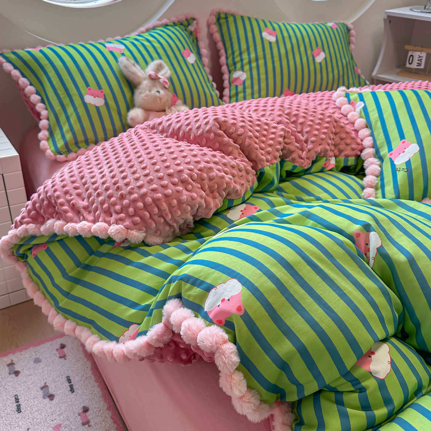 冬季条纹小熊全棉双层纱豆豆绒床上四件套毛球边被套床单三件套女