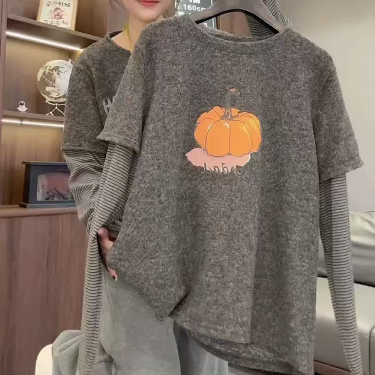 南瓜印花拼色条纹假两件T恤上衣女秋冬简约休闲小众设计内搭小衫