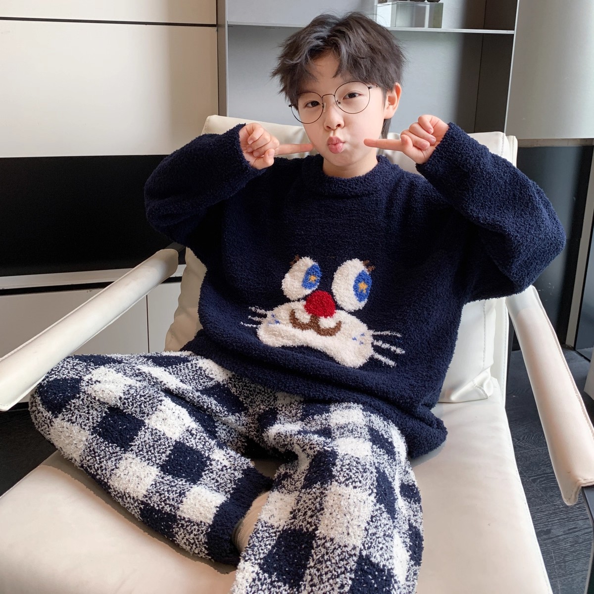 男童秋冬季半边绒睡衣套装2025新款大童加绒儿童法兰绒加厚家居服