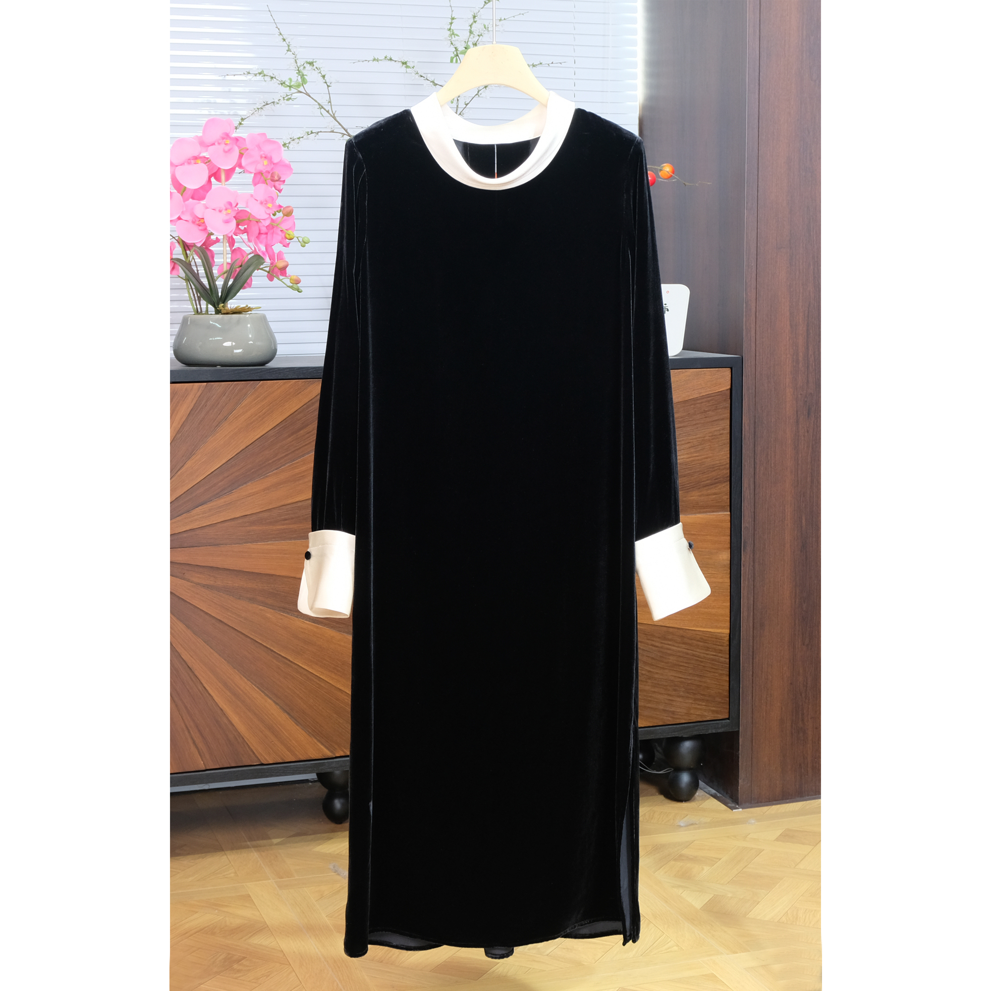 真丝丝绒拼醋酸连衣裙春季新款长袖气质优雅简约显瘦桑蚕丝中长裙