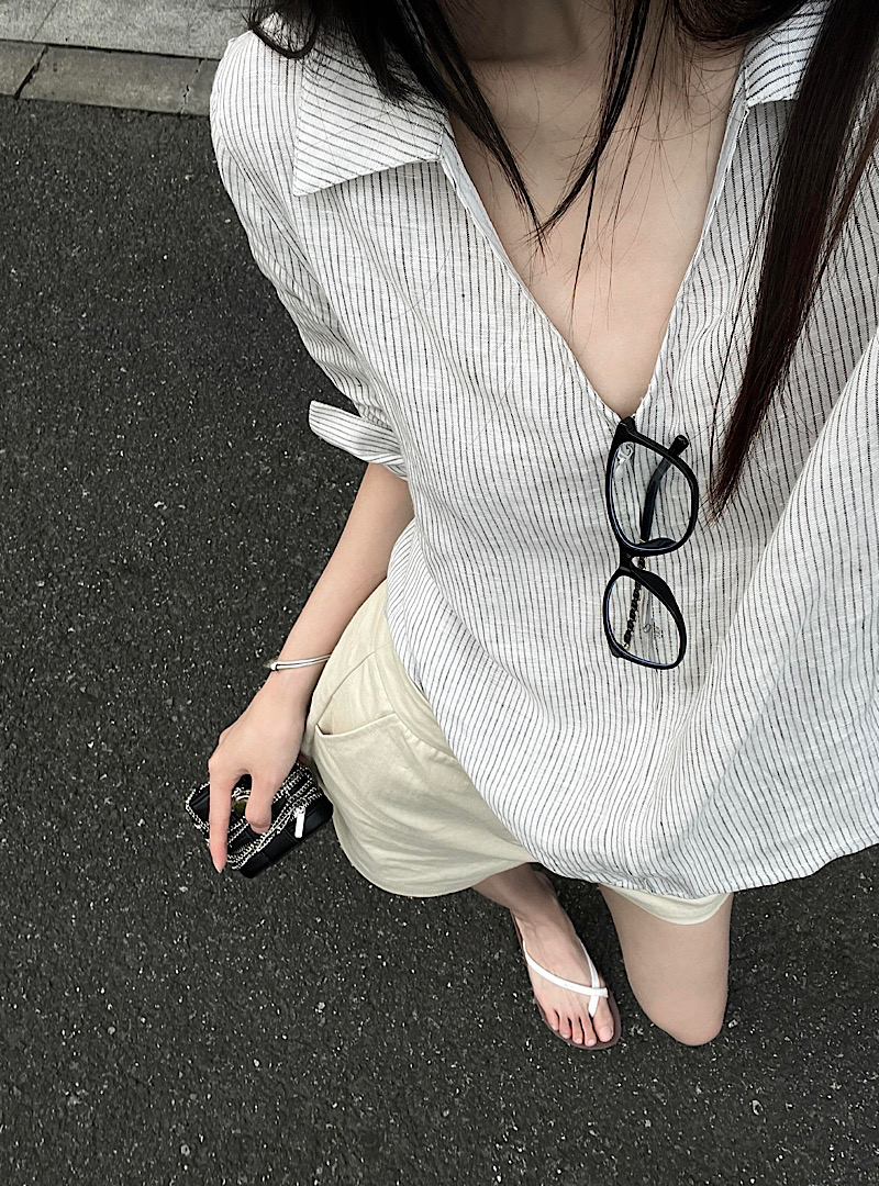 【财富低语】设计感拉链条纹翻领衬衫小众薄款慵懒长袖上衣女