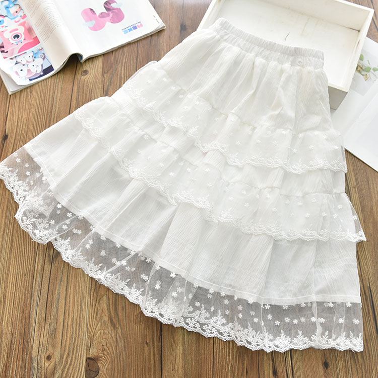 仙|女童韩版蕾丝中长款蛋糕白色半身裙 中大儿童百搭洋气花边裙夏