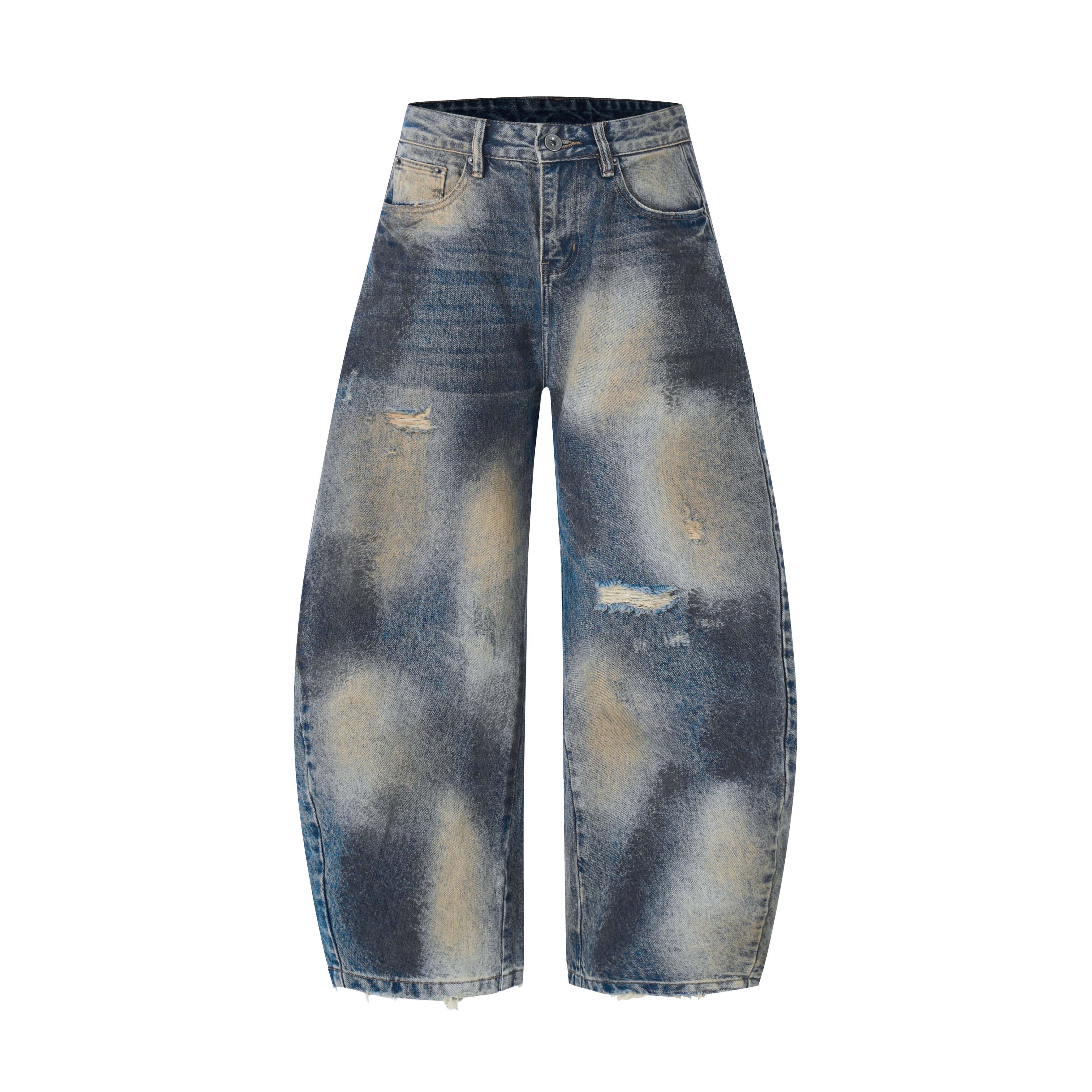 OTOTLEE美式复古新款潮牌宽松直筒水洗蓝色假破洞牛仔裤弯刀裤