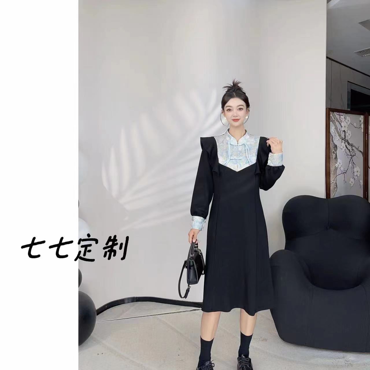 新中式复古拼接刺绣显瘦连衣裙dhb 8062