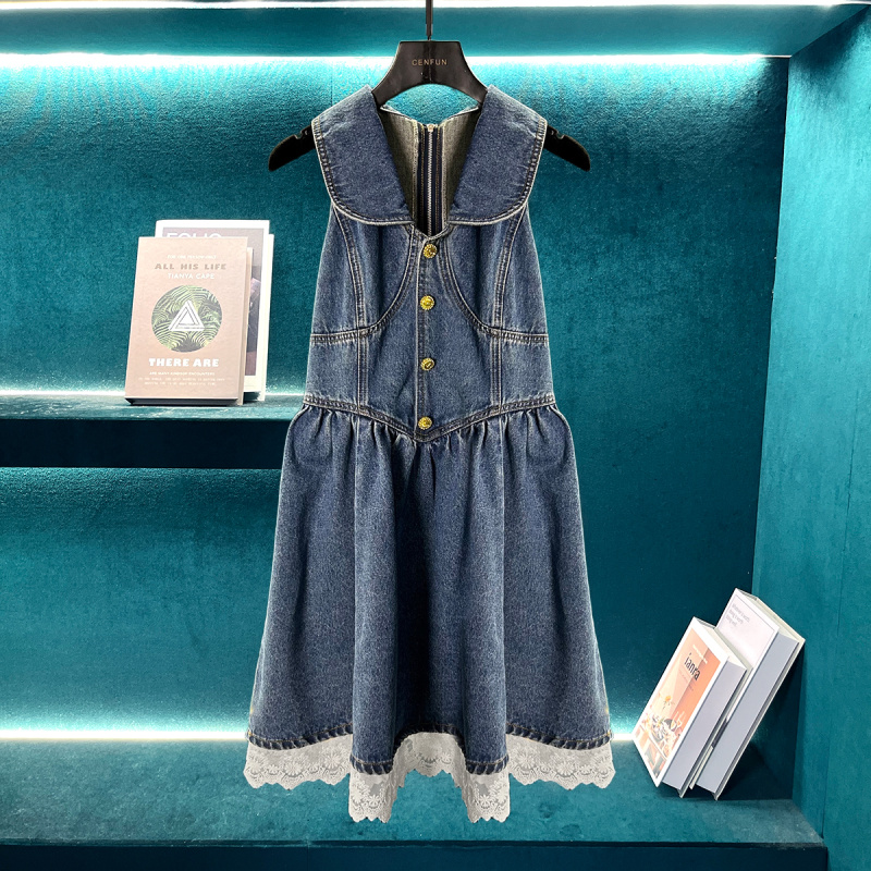 轻奢牛仔蕾丝拼接无袖连衣裙E10108