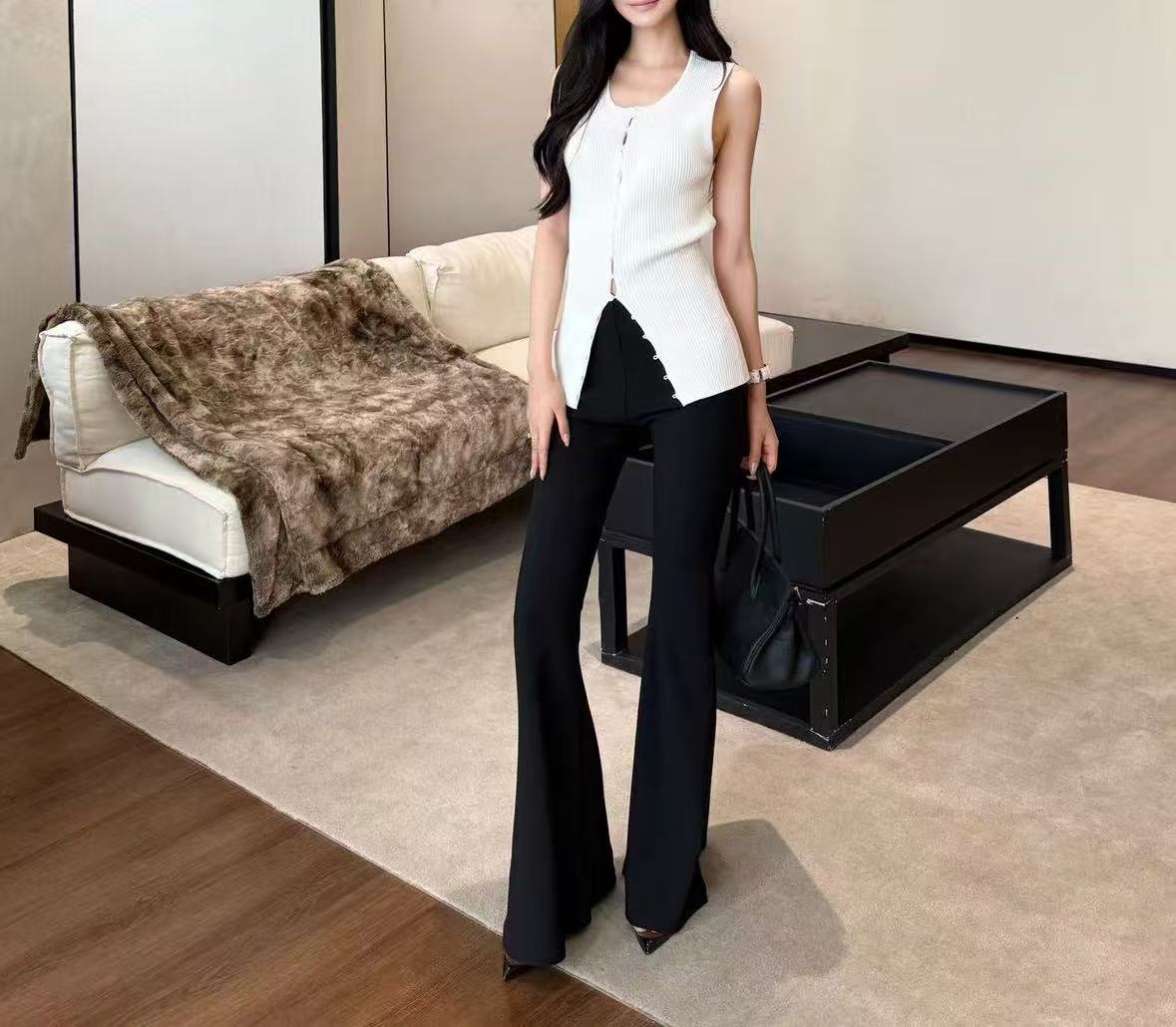 （高个子）5627号25695秋冬纯色前隐形拉链竖条设计微喇显瘦小黑裤