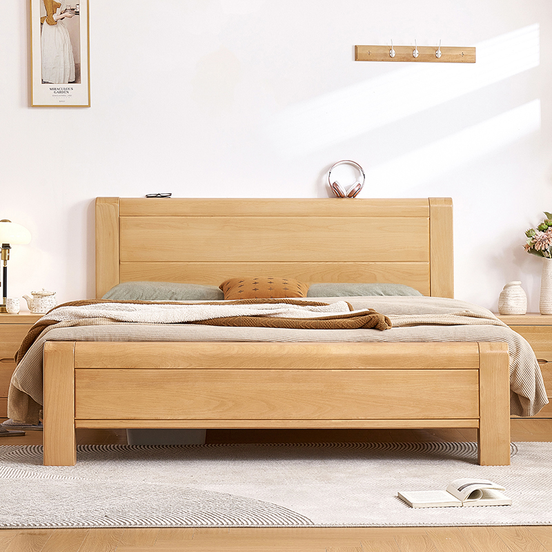 全实木榉木床双人床简约现代x2大床主卧床1.8米1.5米储物高箱床