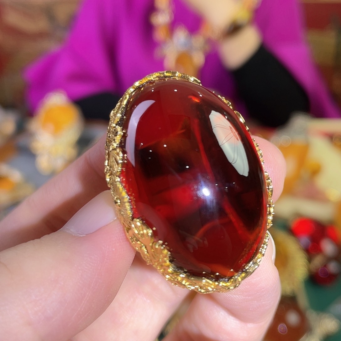 血珀戒指银S925镀金镶嵌