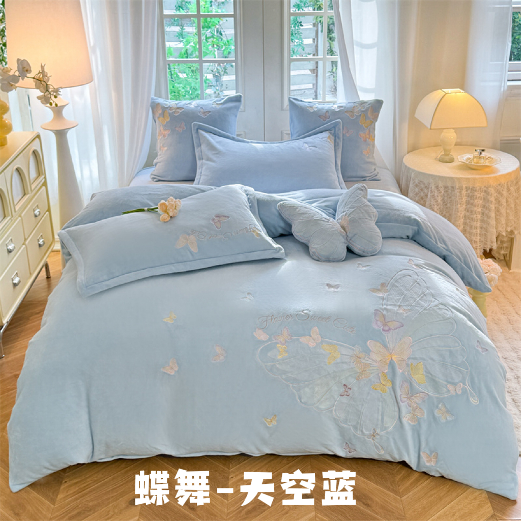 冬季特价加绒加厚牛奶绒四件套双面绒刺绣单被套床上用品轻奢保暖