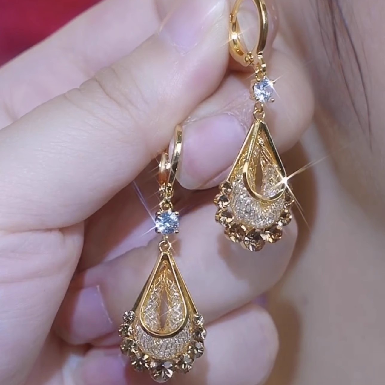 黄铜合成锆石耳饰 金丝网状咖色耳饰水滴耳扣耳环轻奢时尚耳坠