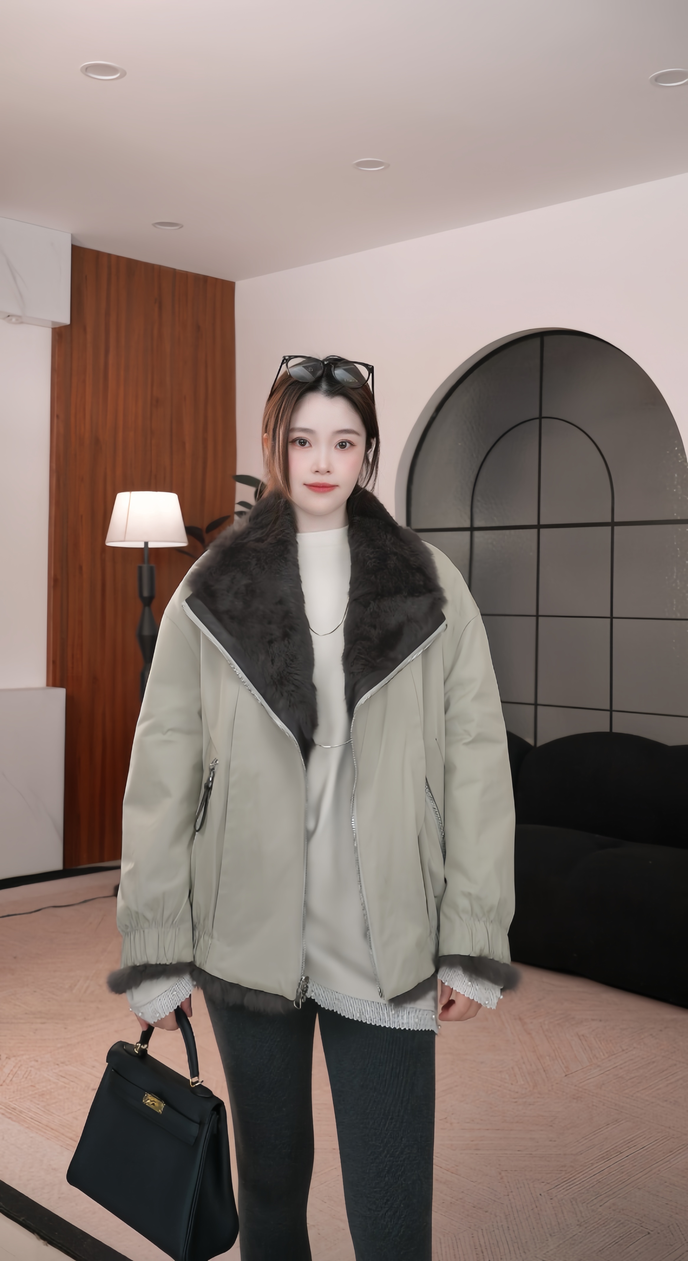 2025新款正反两穿秋冬休闲宽松兔毛皮草外套女短款派克服大衣