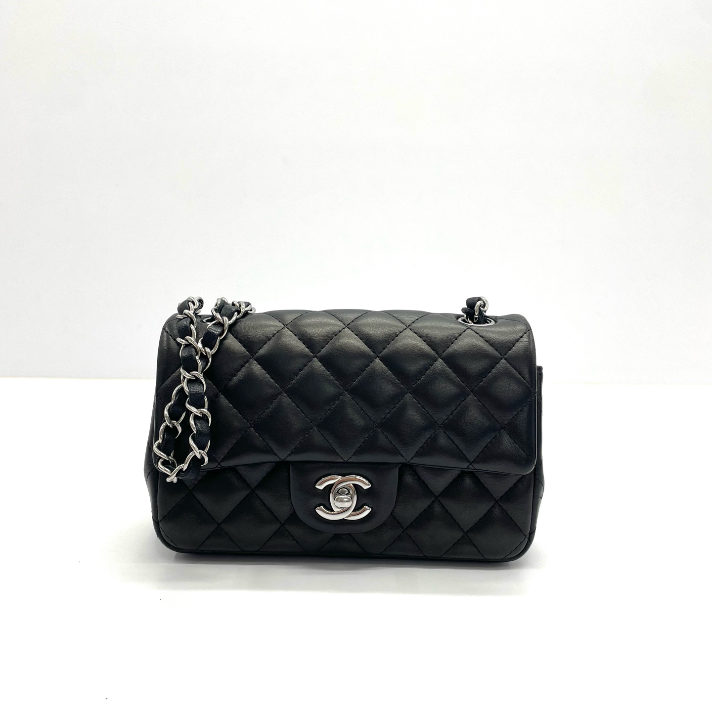 95新 Chanel/香奈儿 98新 CF系列黑银羊皮大mini链条包