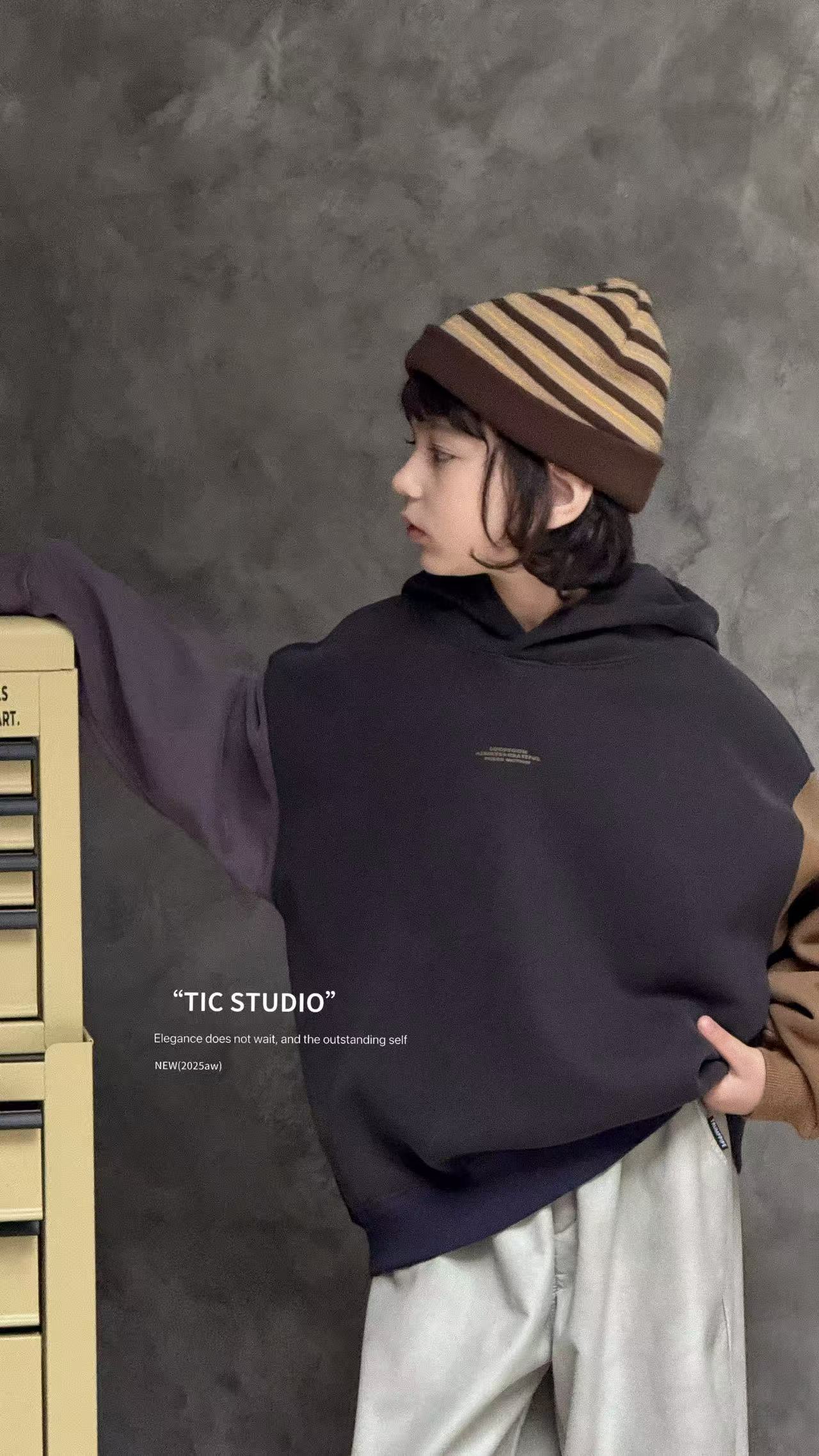 XTJ STUDIO童装 设计师款 TIC中大童 拼色加绒带帽卫衣 冬款新品