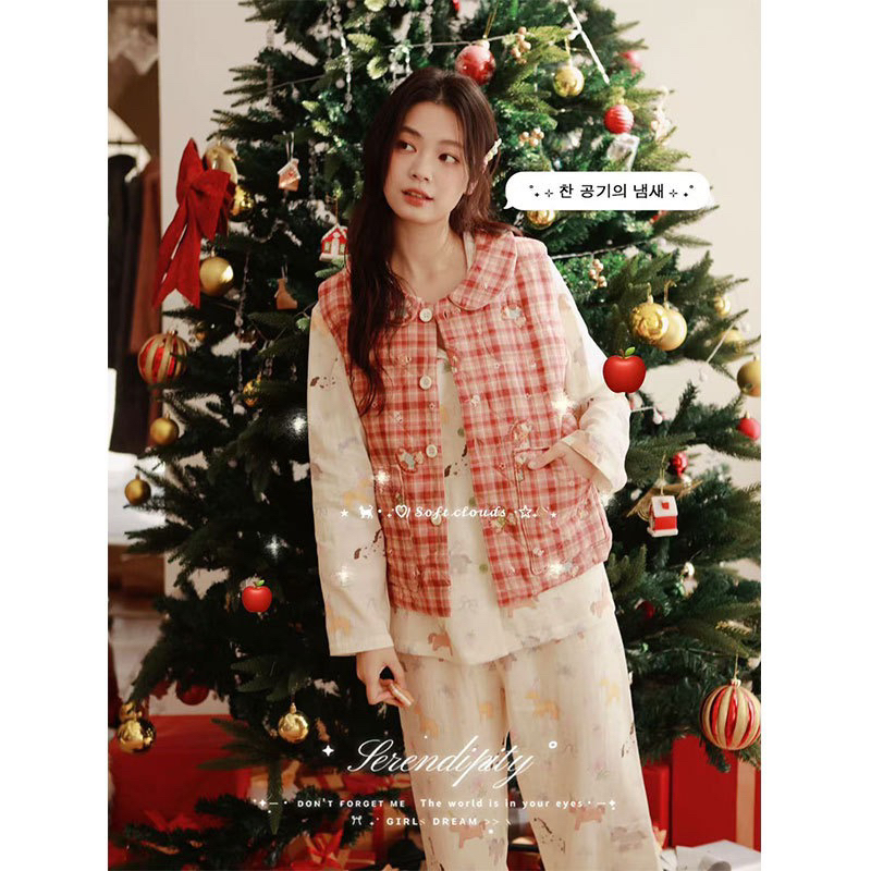 冬季三层夹棉女士翻领加厚卡通印花马甲开衫宽松家居服套装可外穿