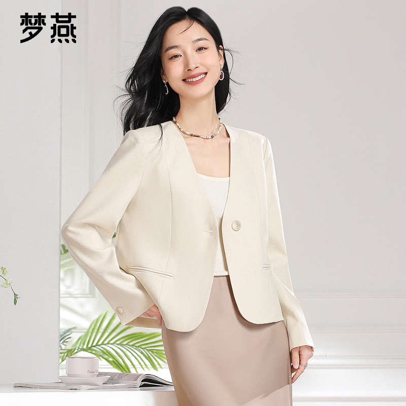 梦燕春秋女纯色时尚休闲气质设计感百搭V领宽松型西装AA05B5004D