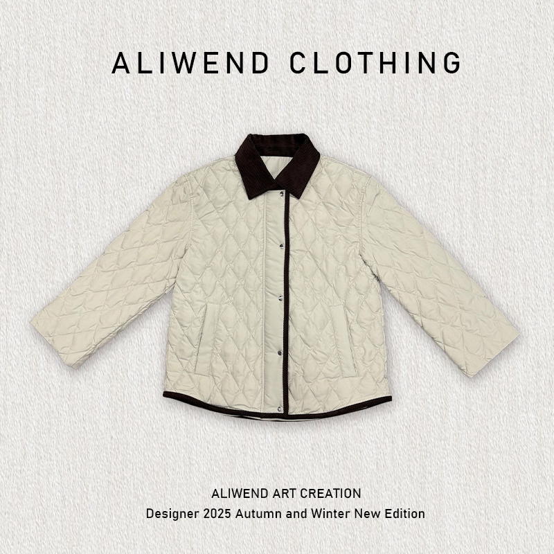 【韩系巴恩风】菱形格绗线翻领撞色羽绒服-251101韩版时尚羽绒服