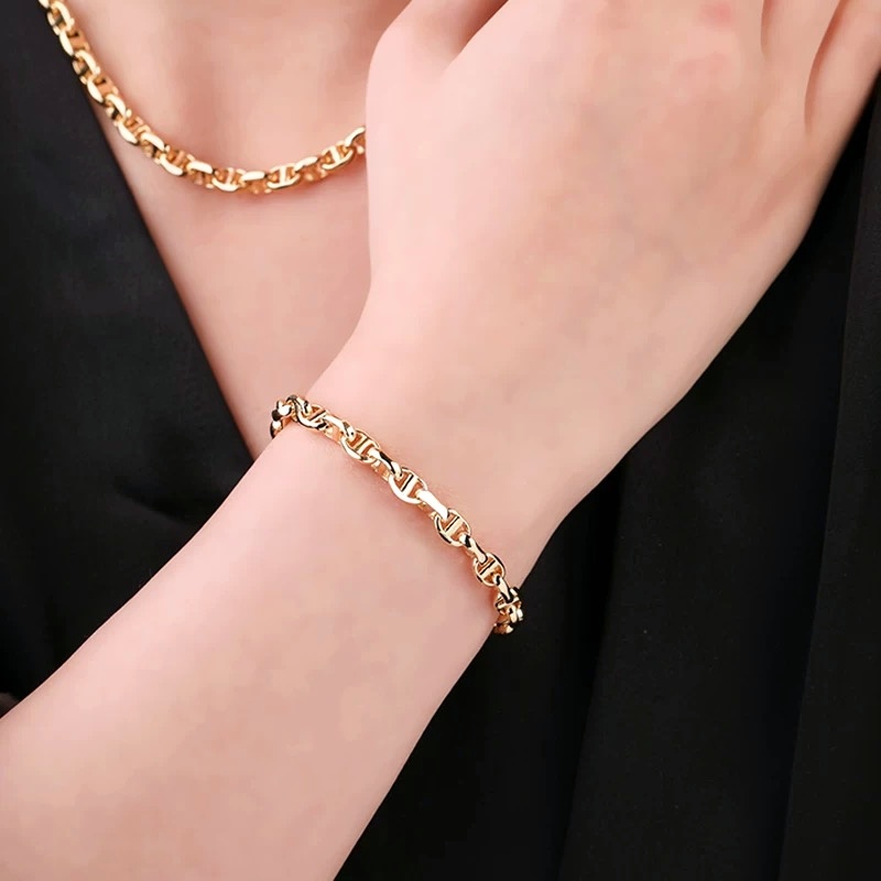 18K金猪鼻子素金手链  时尚手工百搭简约