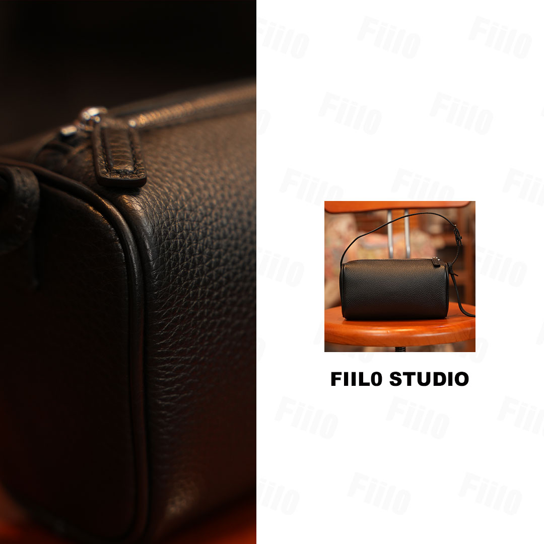 【Fiilo菲洛】H71黑色笔筒包小牛皮钢扣真皮女士手提斜挎包