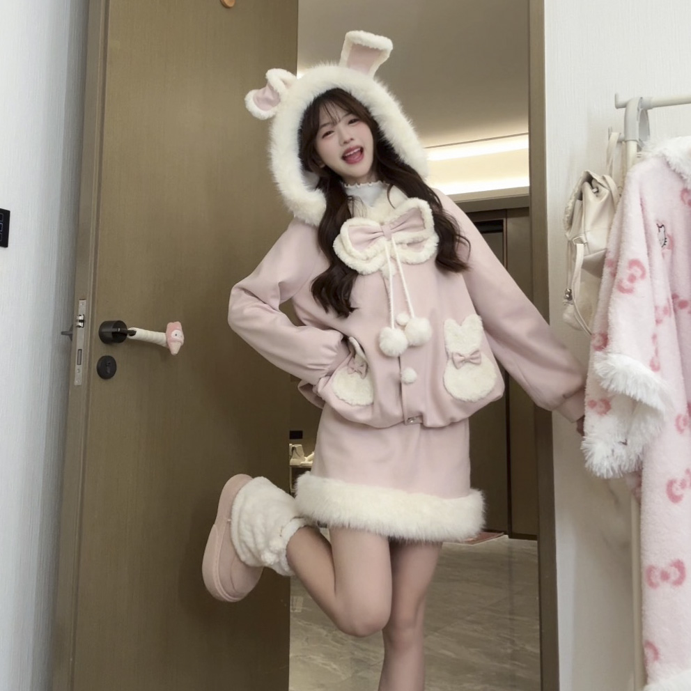 桔梗house 粉兔蜜语 少女感甜美可爱毛呢外套短裙