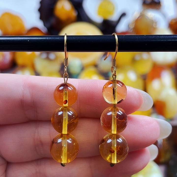 琥珀戒指银S925镶嵌耳环