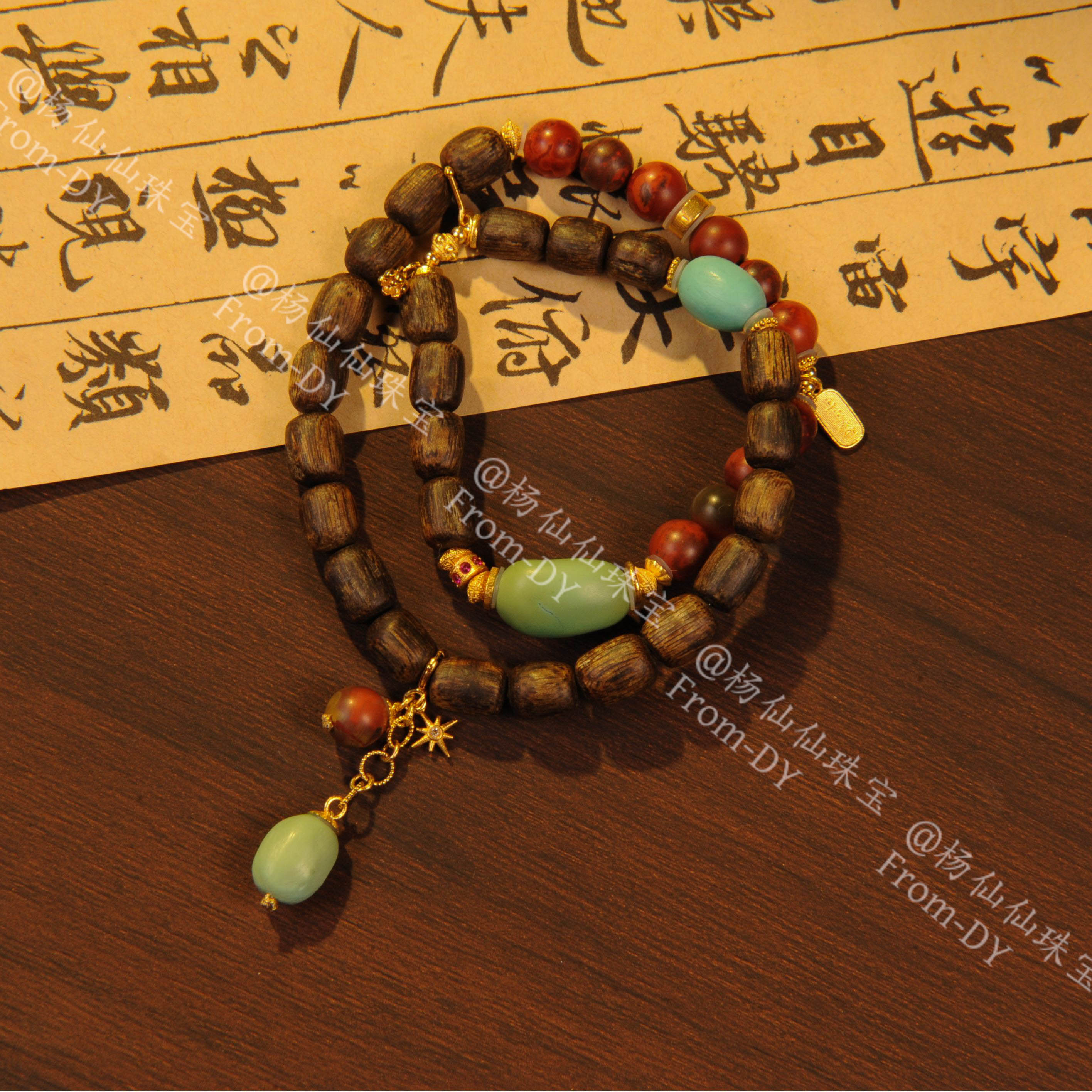 【杨仙仙珠宝】18K厚金镶嵌棋楠沉香多宝手串-A3488