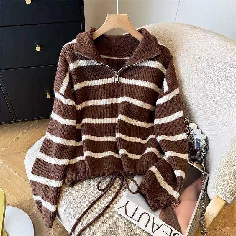 新款2025年春秋高领条纹长袖短款拉炼秋冬毛衣女
