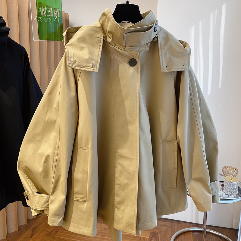 P755高级复古时尚洋气斗篷式设计感小众宽松连帽风衣外套女春秋季