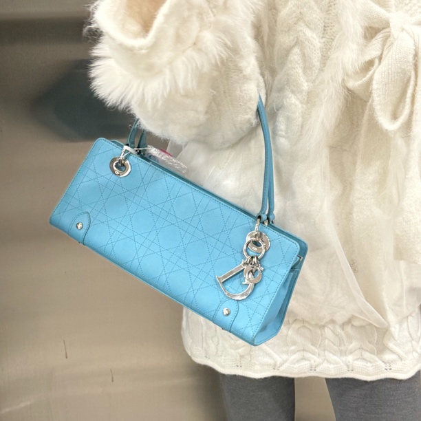 95新 DIOR/迪奥 蓝色菱格纹横版戴妃手提腋下包