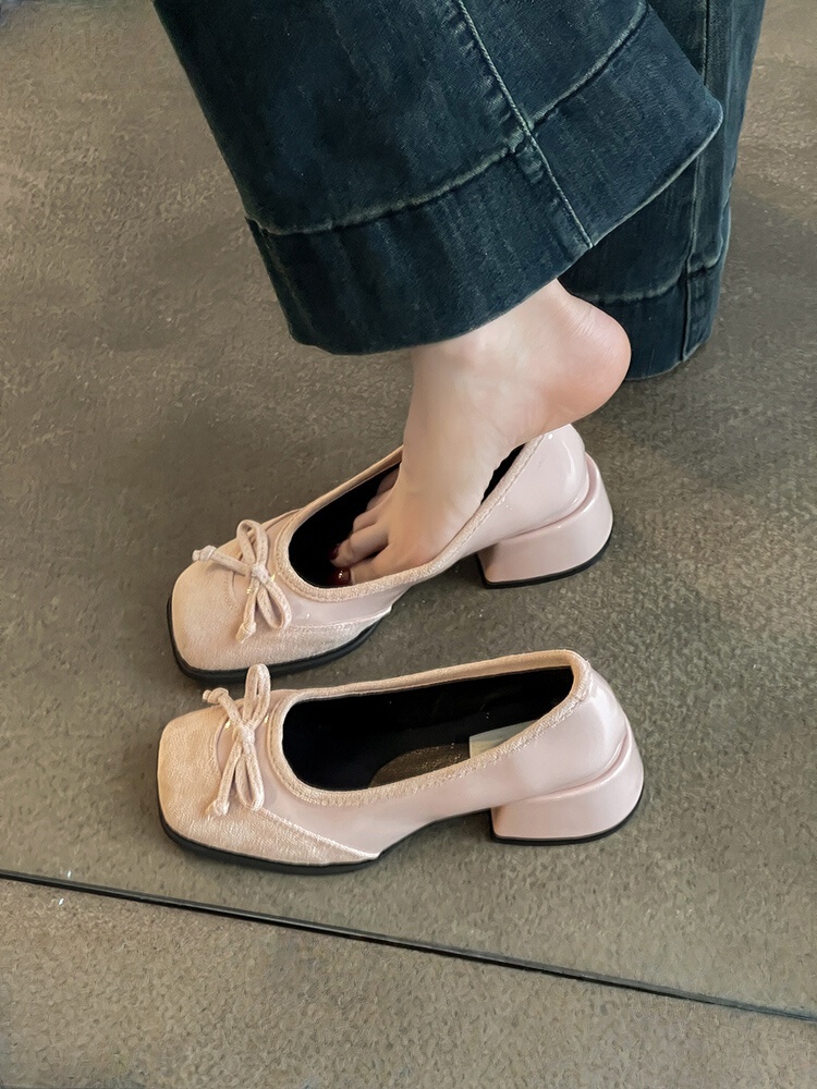 法式复古蝴蝶结粗跟高跟鞋女2025春秋新款芭蕾鞋小皮鞋玛丽珍单鞋