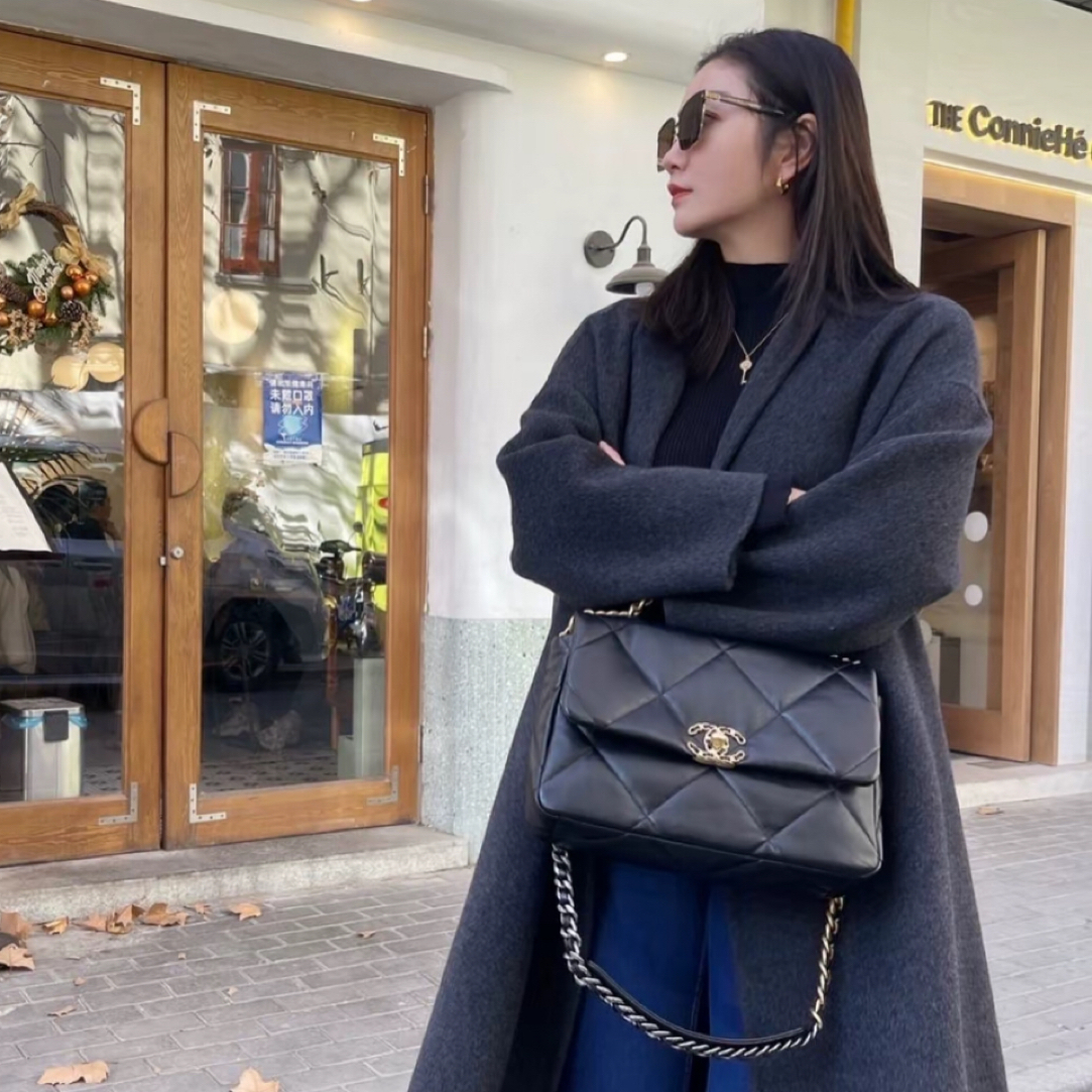 99新 Chanel/香奈儿 19bag中号黑色羊皮单肩包定金链接