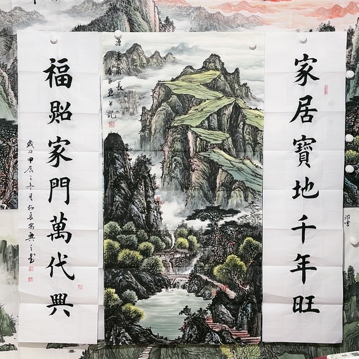 国画唐春平保手绘四尺中堂（送对联