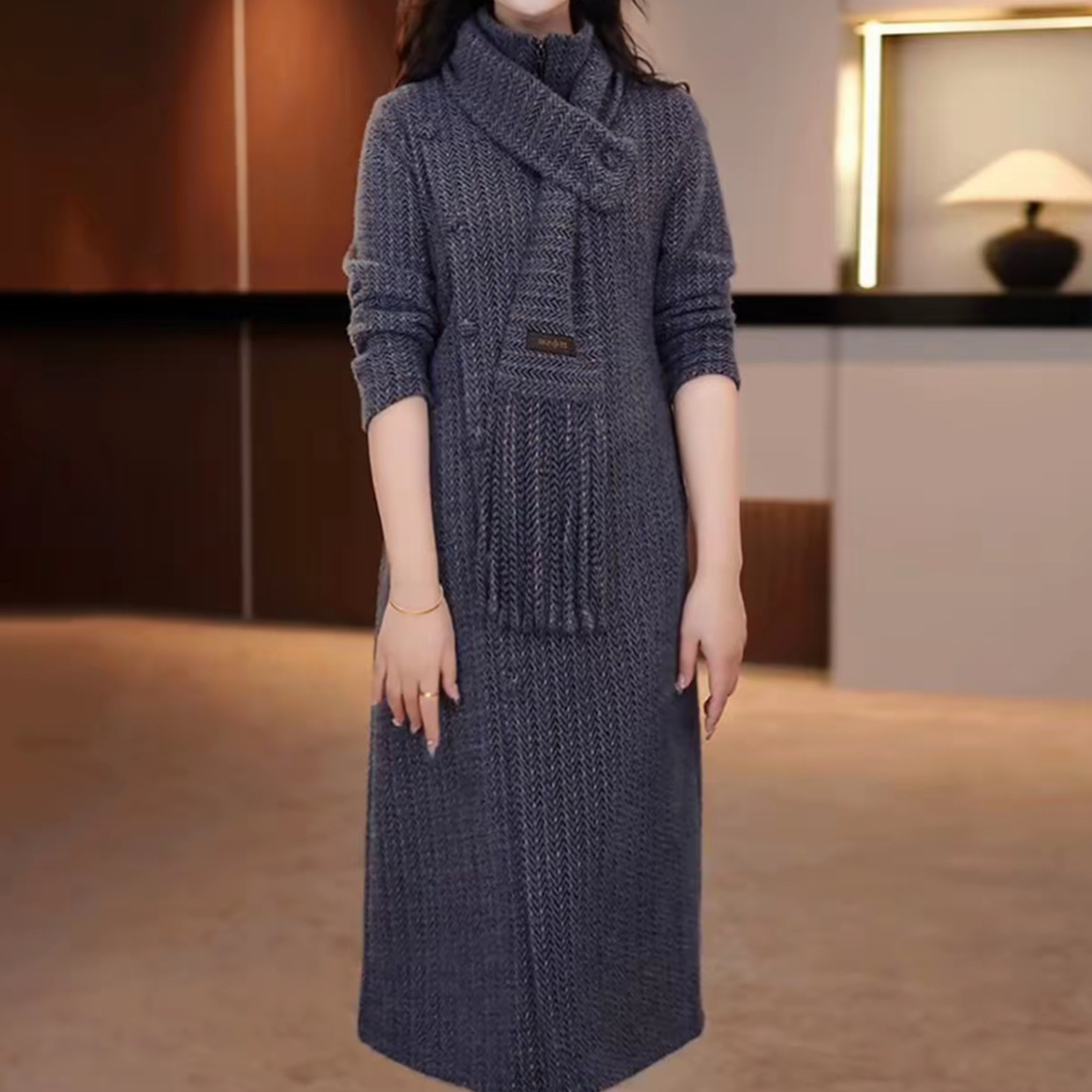 2493#【裙长约110】冬季新款国风改良版修身旗袍裙女士气质连衣裙