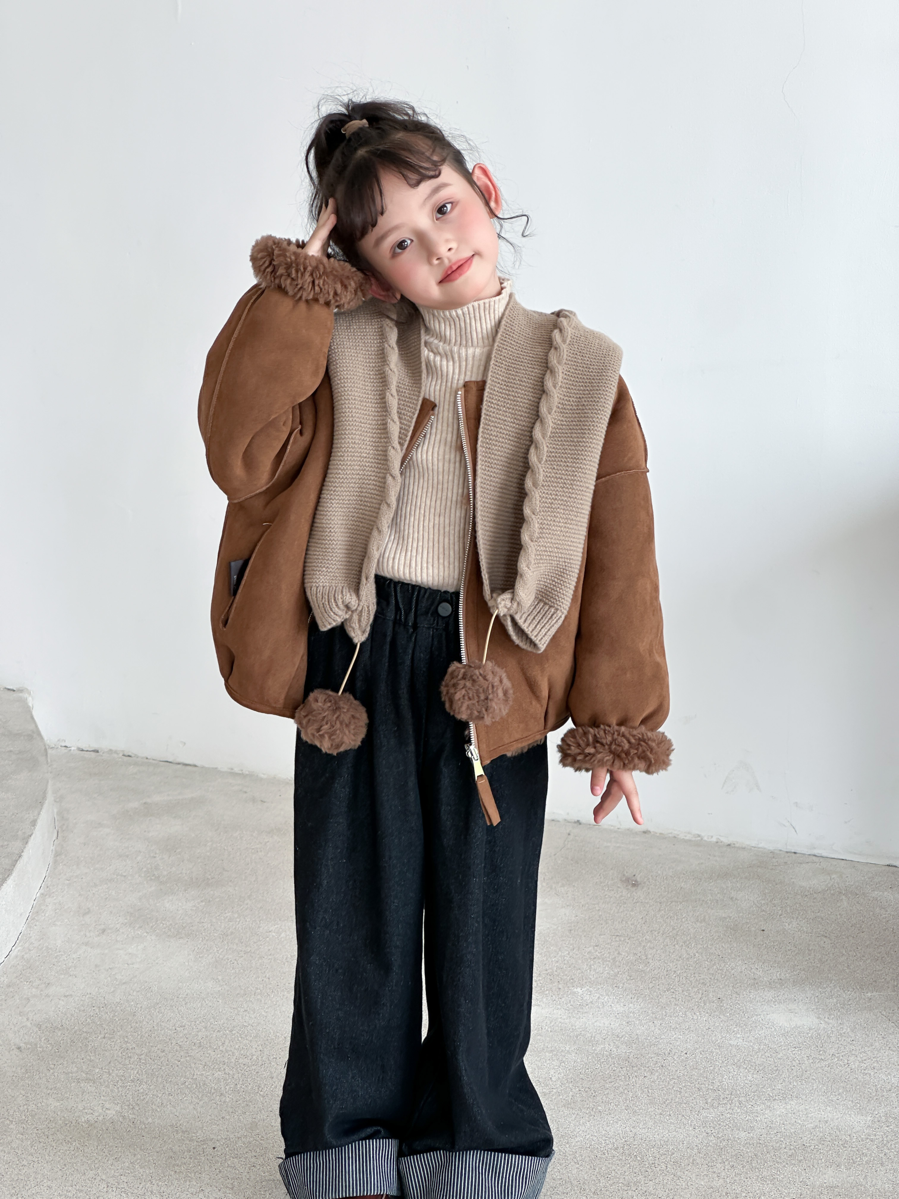 【太妃糖#】2025秋冬圆领两面穿针织围巾兜帽全羊毛童装皮草外套