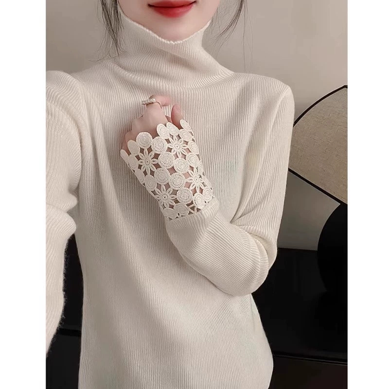 2024冬季女款独特钩花拼接袖口打底毛衣纯色修身堆堆领长袖针织衫