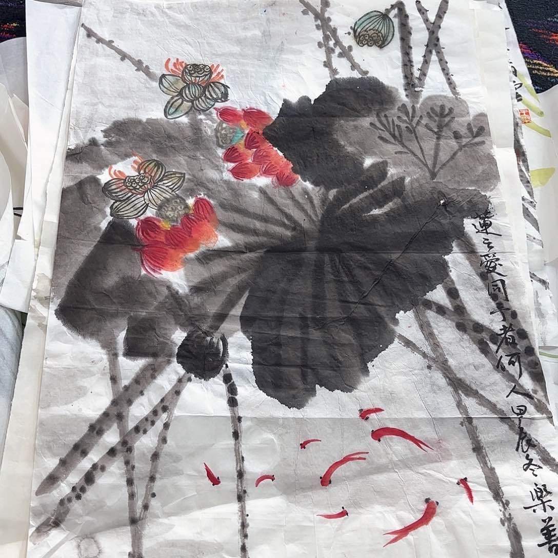 国画王乐善四尺三开花鸟朱