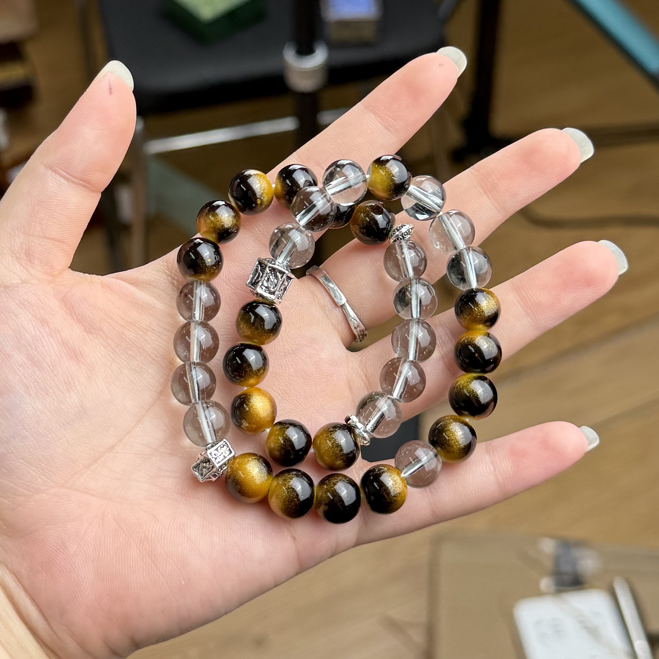 黑曜石虎眼新中式黄黑混合珠夹白款H308（无礼盒）