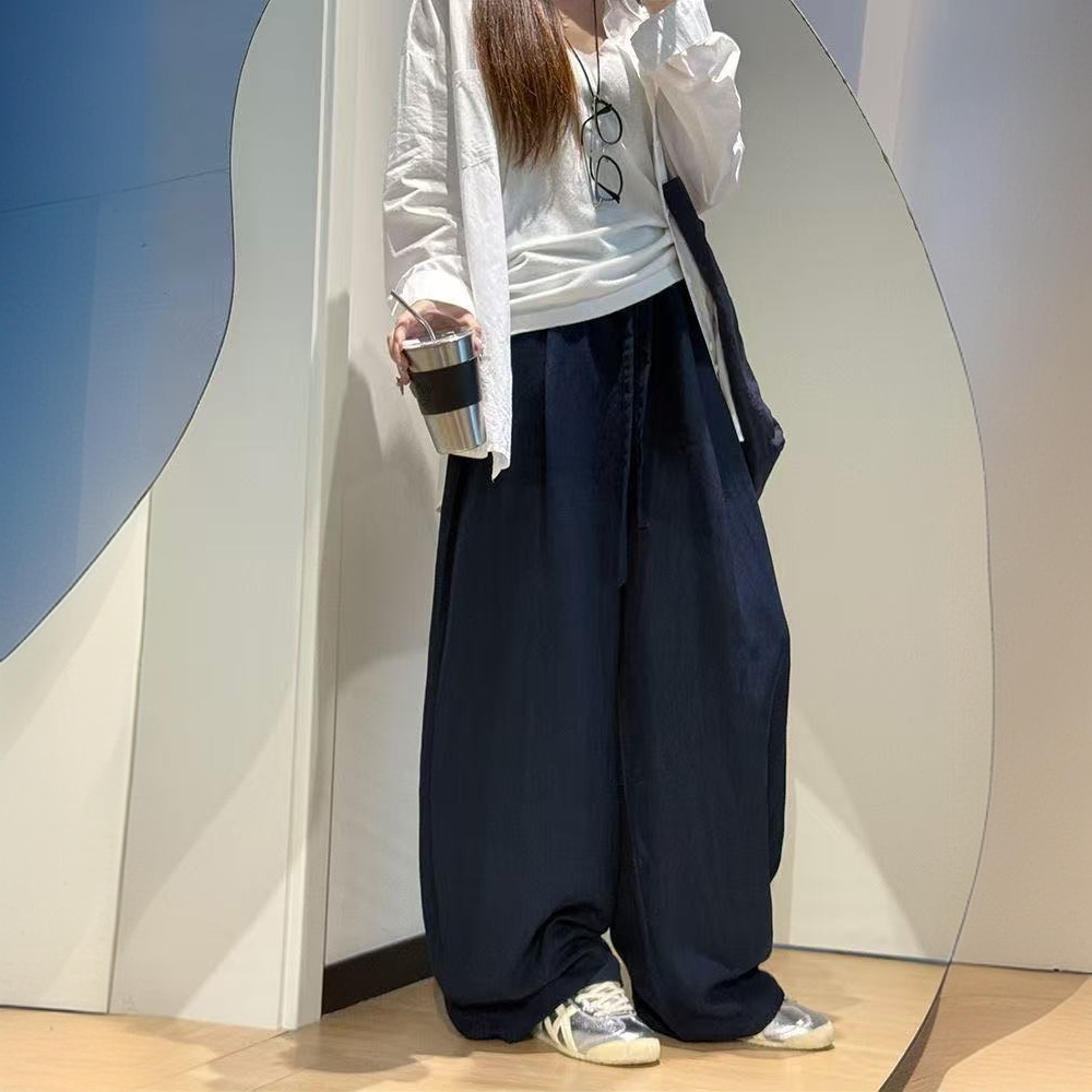 阔腿裤纯麻松紧秋季纯色透气休闲裤休闲抽绳裤秋季春秋百搭时尚