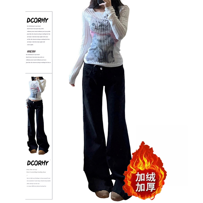 美式高街低腰微喇叭牛仔裤女冬季2025新款宽松显瘦百搭阔腿直筒裤