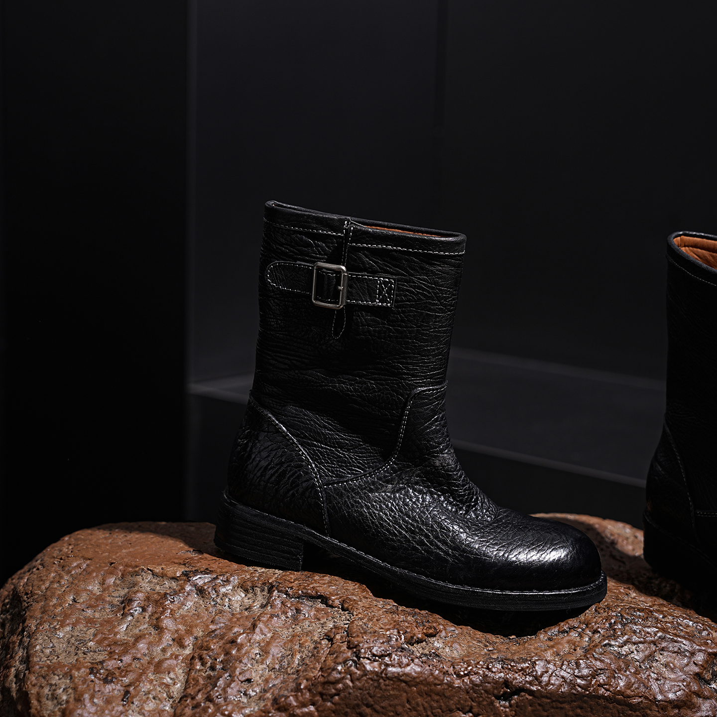 【ITAN】意大利新款时尚马皮低跟粗跟复古软底软面真皮女鞋中筒靴子