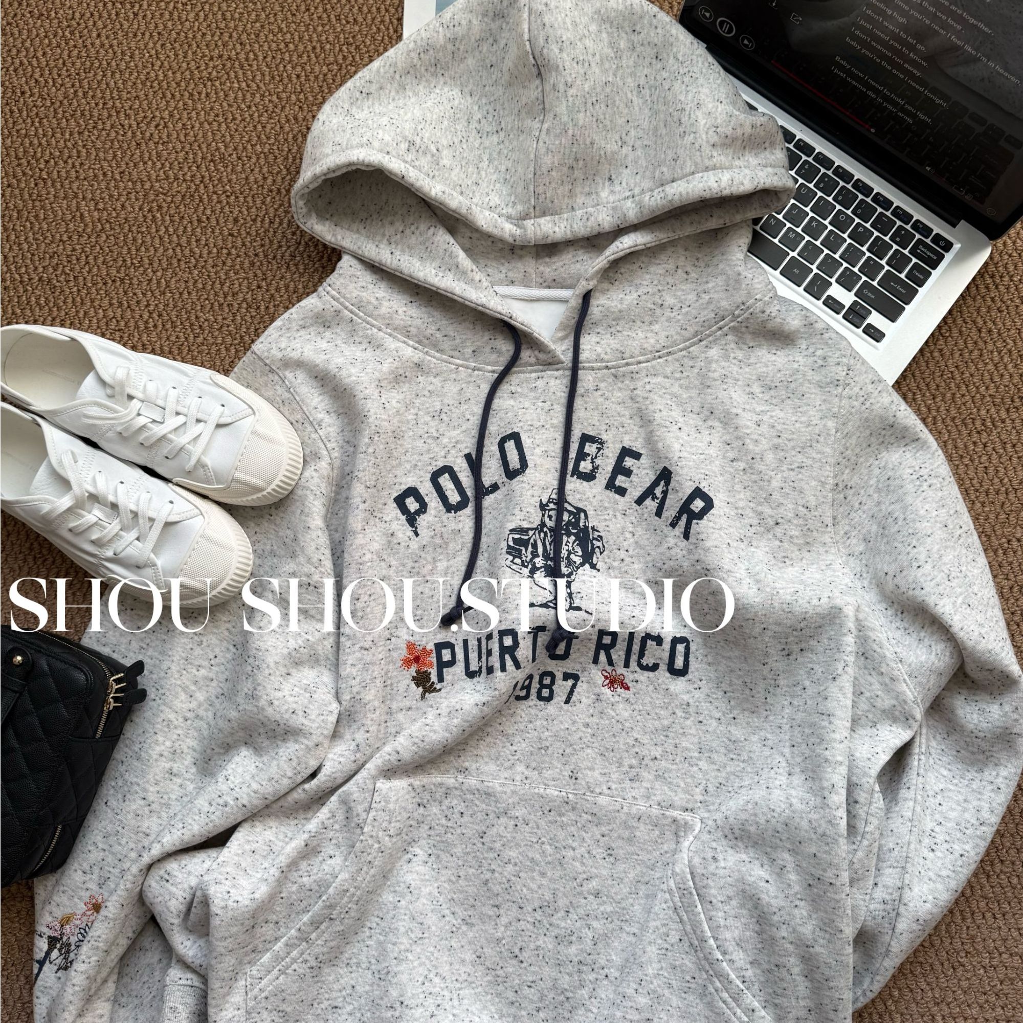 【夏夏】大码连帽杂点加绒字母刺绣百搭休闲带口袋卫衣S02278