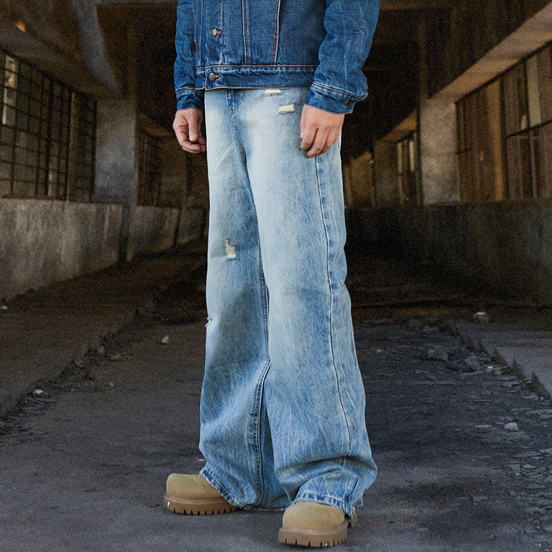 AIRCIOOC 街头系列05A字版型水洗蓝直筒宽松cleanfit牛仔裤