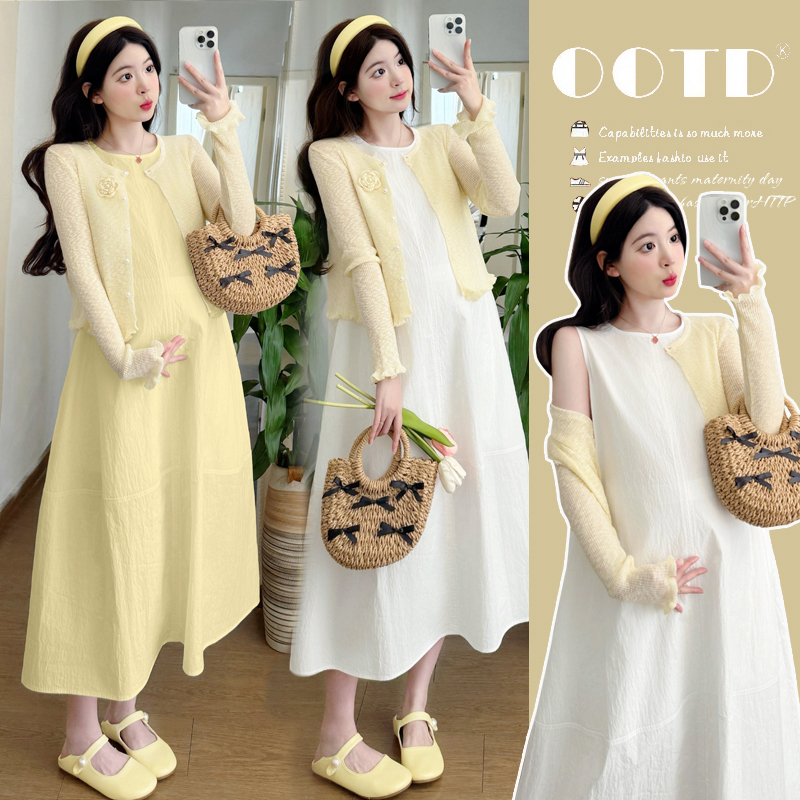 孕妇装2025夏季新款简约韩版时尚舒适背心裙+黄色针织开衫两件套