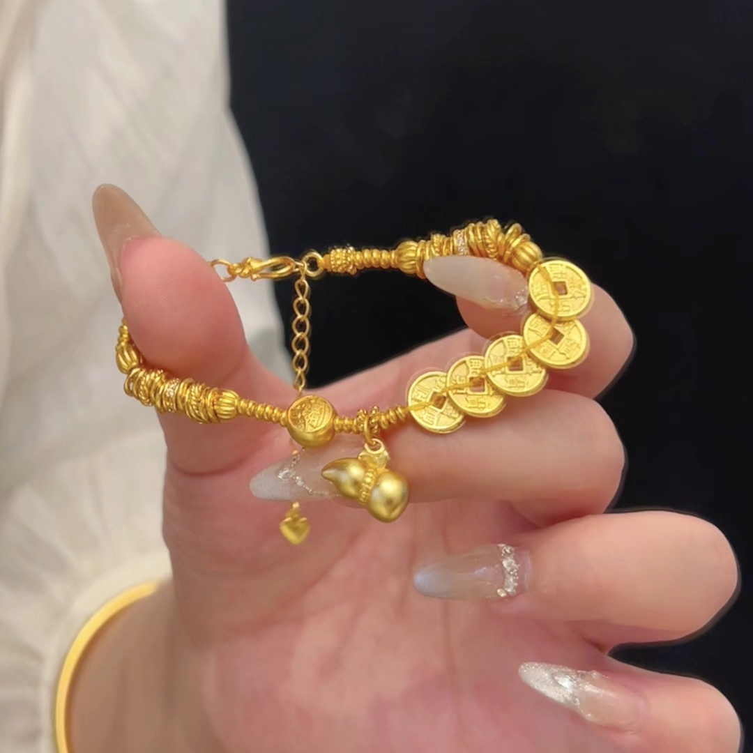 合金手链 新中式国潮风丨点钻小跑环盘缠小滴溜五帝钱葫芦手链 