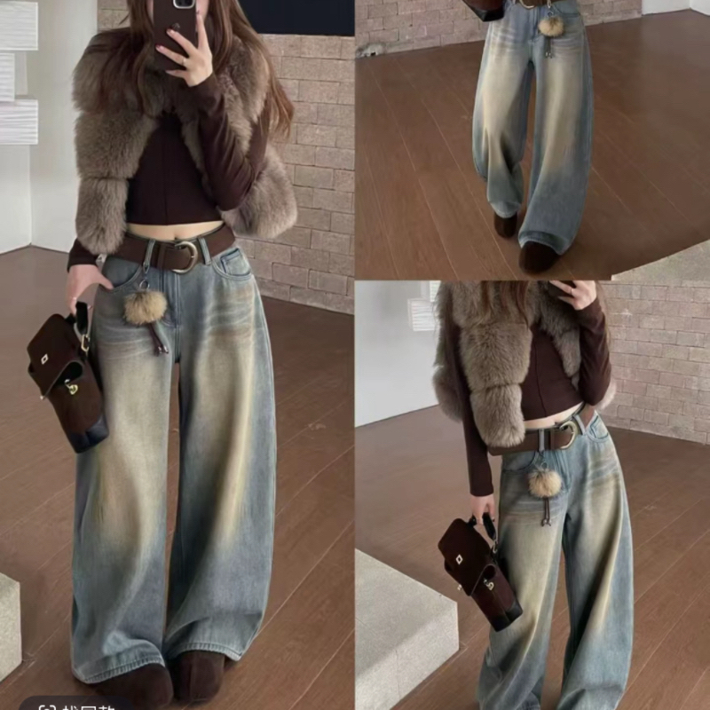 洋气复古做旧加绒阔腿牛仔裤女高腰垂感显瘦韩版宽松水洗冬季新款
