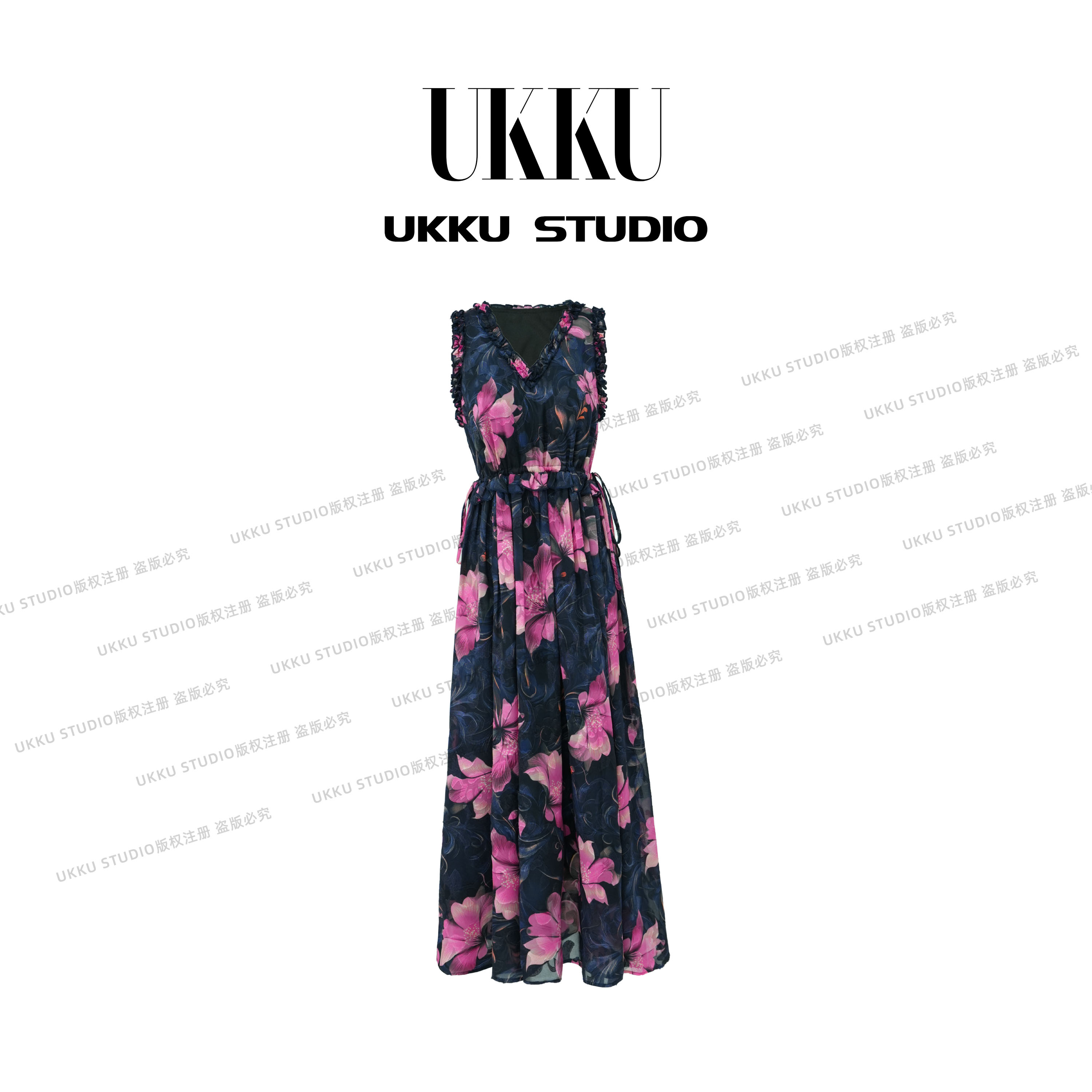 秀秀【UKKU STUDIO】【粉黛佳人】气质海岛风夏收腰吊带连914447