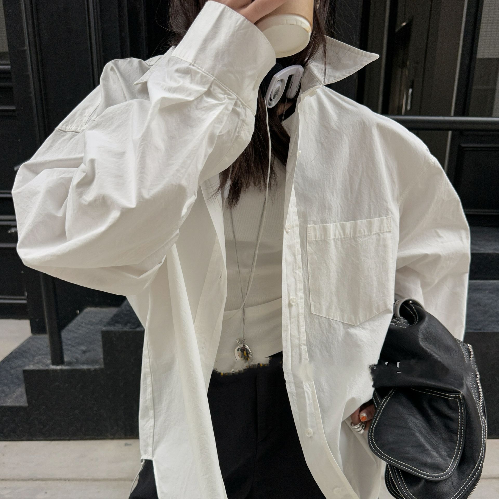 春款廓形外穿翻领衬衫中长款时尚衬衣