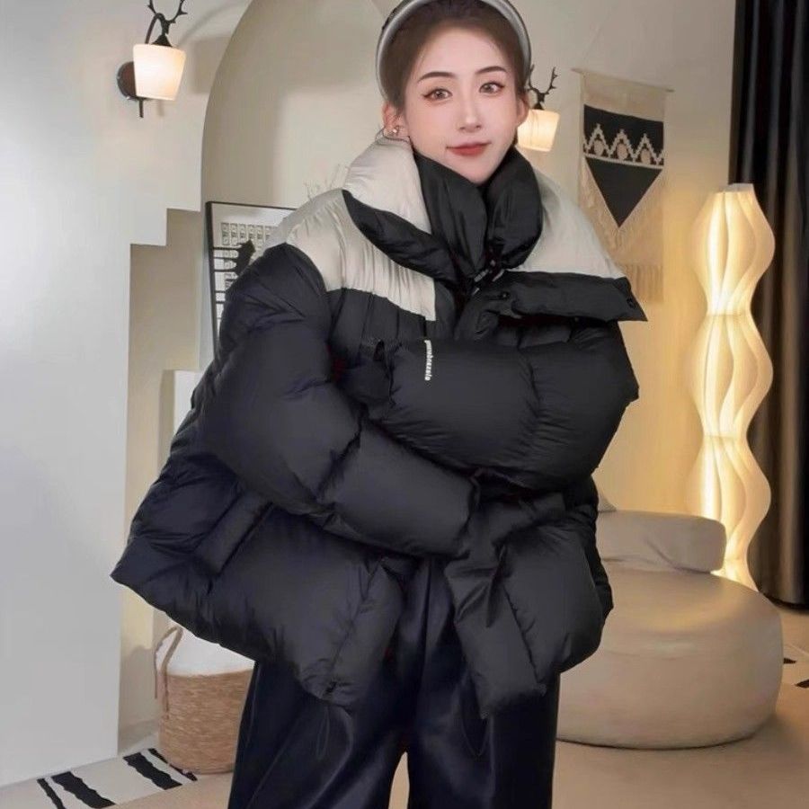 2025秋冬新款撞色羽绒服女短款韩版时尚加厚宽松小个子面包服外套