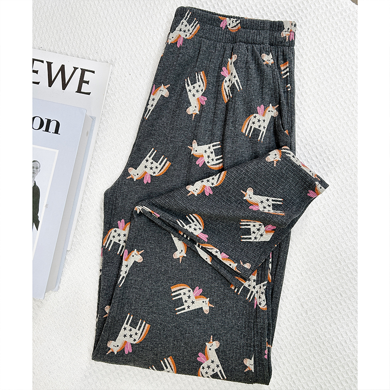 【独角兽】坑条纯棉居家休闲裤外穿有口袋亲肤女中年印花睡裤春秋