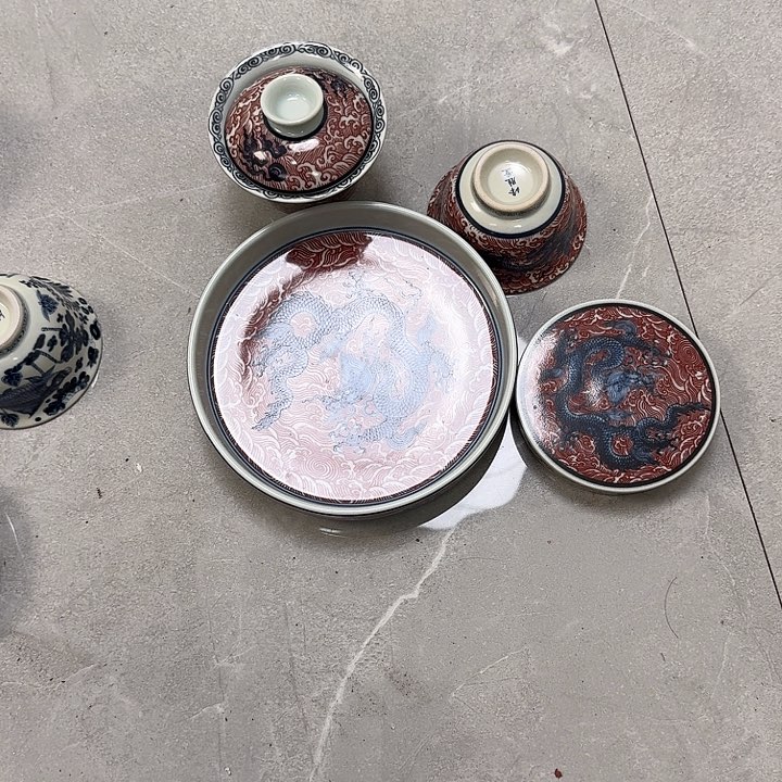 瓷片釉里红海水龙四件套